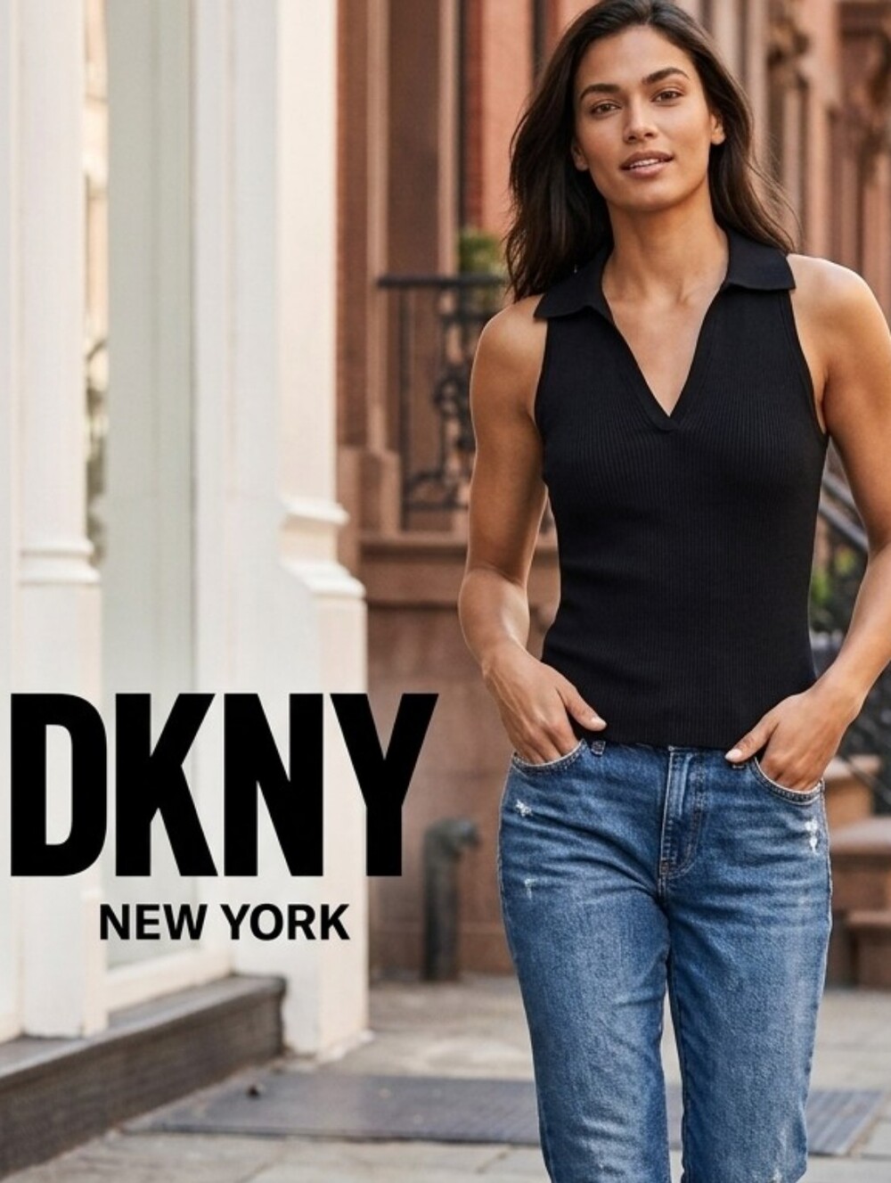 DKNY Black Ribbed Sleeveless Polo V-Neck Top